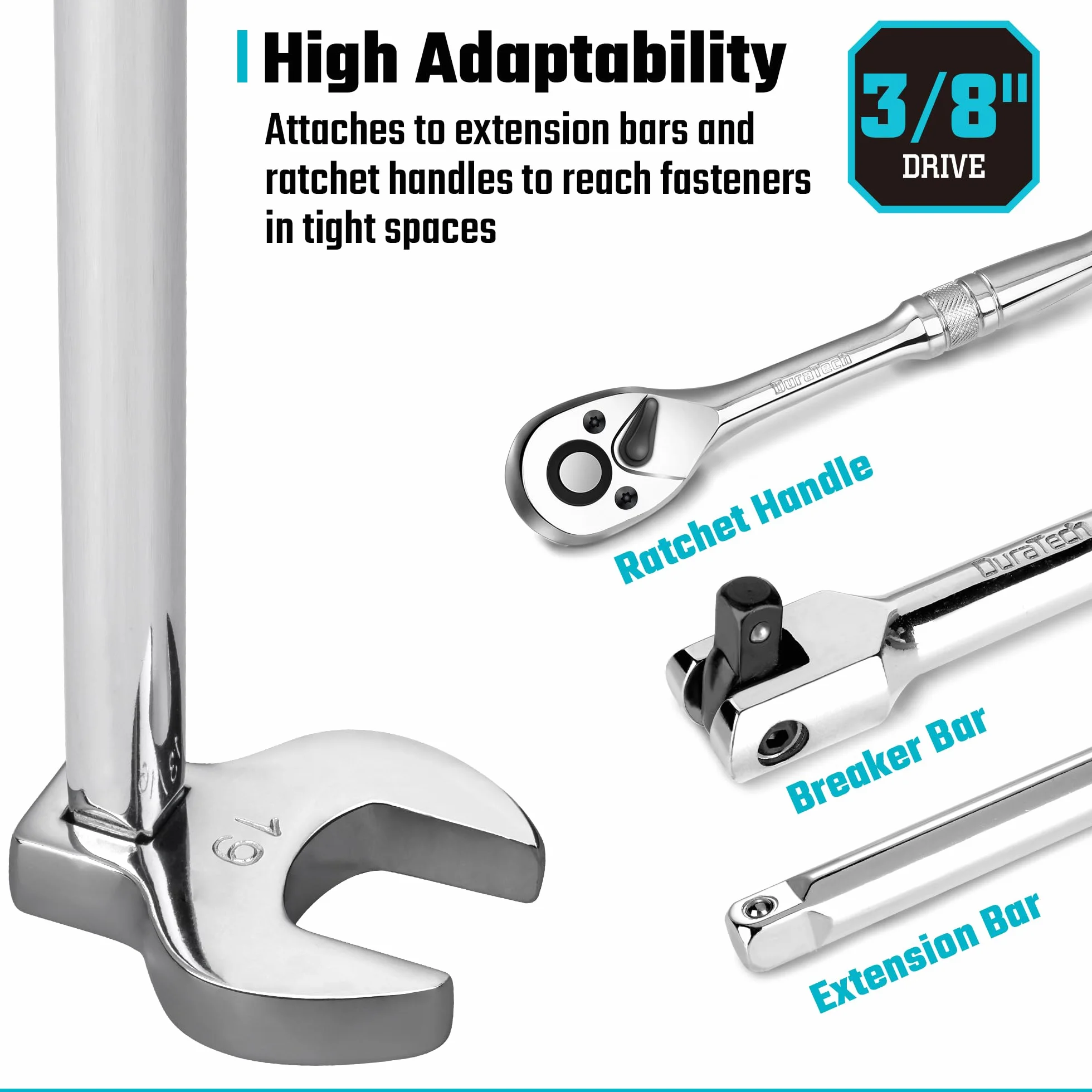 DURATECH Jeu de Clés à Patte d'Oie à Tête Pivotante 3/8", 10 Pièces Clé à Écrou Évasé, Jeu de Clés Crowfoot à Tuyauter 10-19 mm, Acier Cr-V, avec Organisateur d'Outils en Mousse EVA