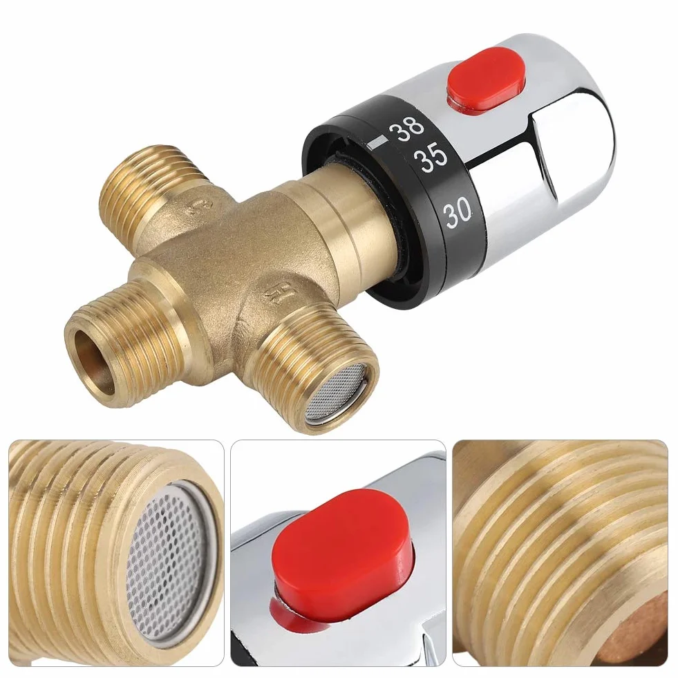 Mitigeur Thermostatique avec Raccords Mâles 1/2 NPT, Vanne de Contrôle de la Température de L'eau, Contrôle du Thermostat, Laiton Massif