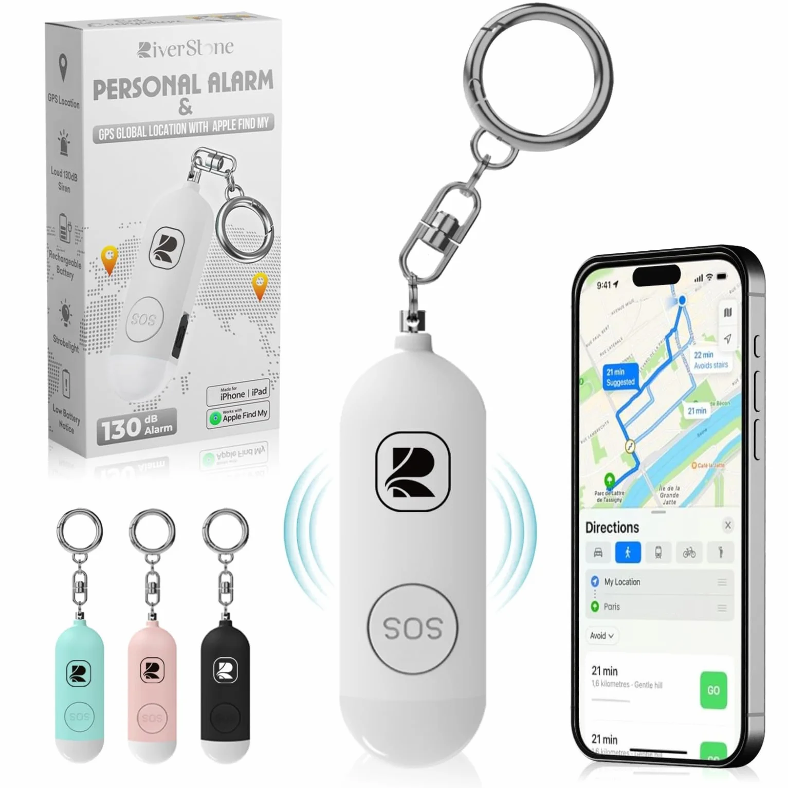 RiverStone Alarme de Sécurité personnelle 130dB pour Apple FindMy iOS (14.5+) Porte-Clés Traceur Anti-Agression, Sirène d’Urgence Femme Enfant Senior, Localisation, Auto-Défense, Batterie Longue Durée