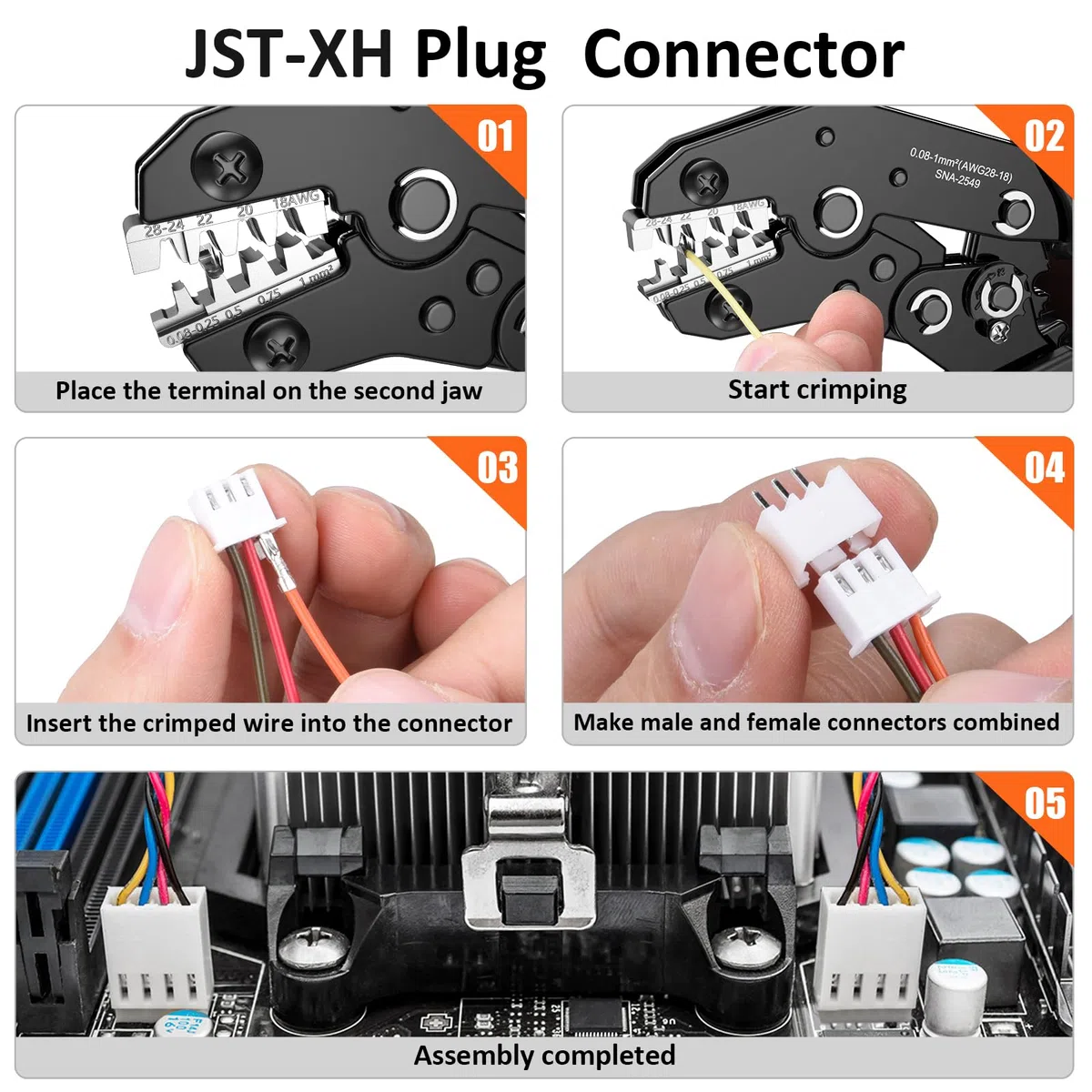 Preciva Pince à Sertir avec 1350pcs Connecteur Jst, 0.08-1mm² (AWG28-18) Cosses Electriques a Sertir avec 550 Connecteurs JST-XH et 800 broches JST-XH