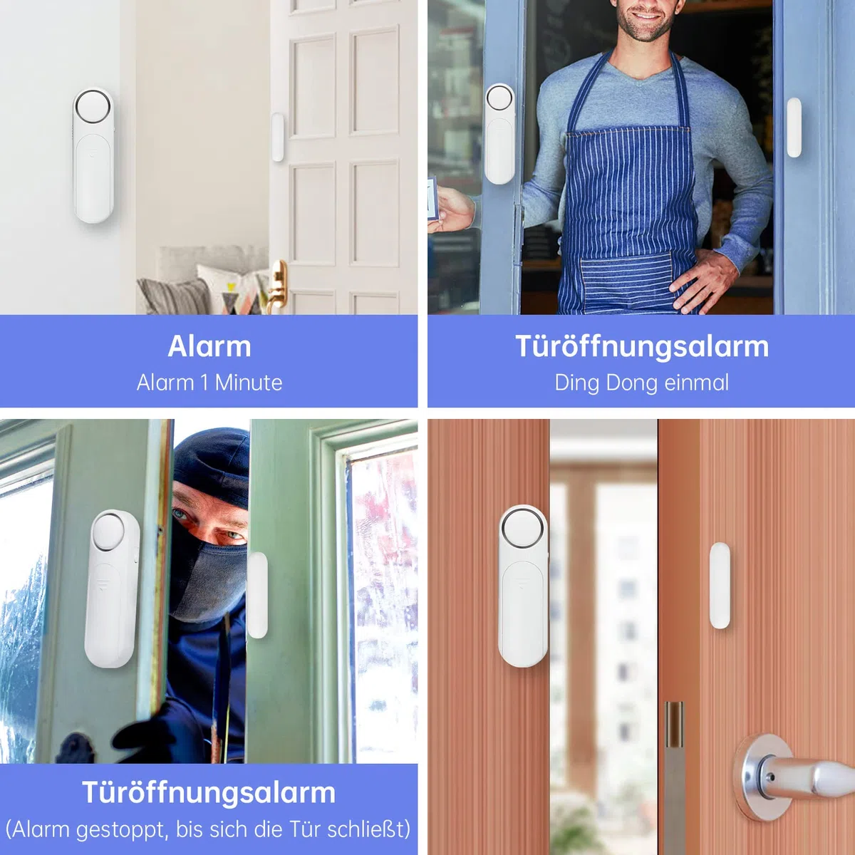 TOWODE Alarme de Porte, Alarme sans Fil 120dB pour Porte, Fenêtre et Détecteur de Contact avec Télécommande 3 Modes pour la Sécurité