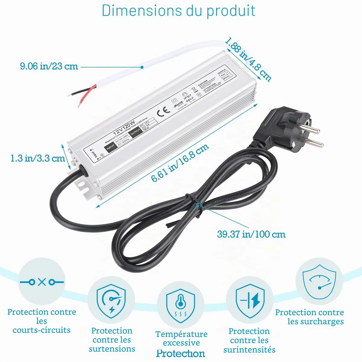 Gerbala LED Transformateur 220V 12V 120W 5A, Extérieur Etanche IP67 Transformer, Power Supply, Convertisseur AC 220V vers DC 12 V, Transfo Adaptateur pour Bandes, Lampes et Projecteurs