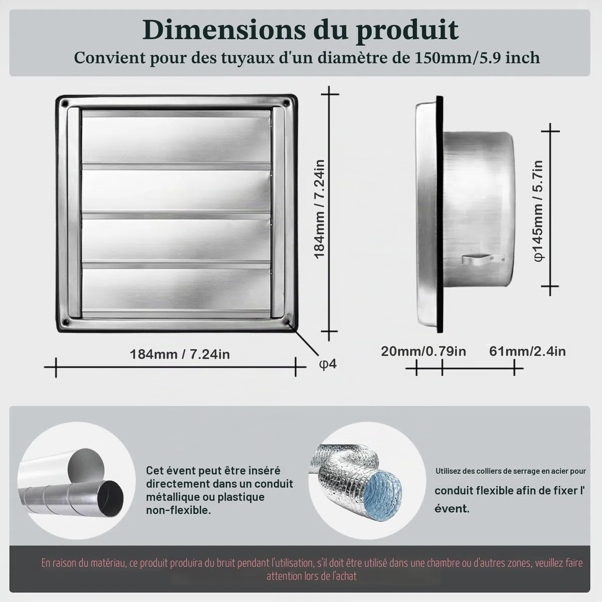 150mm Grille de ventilation, 304 inox Clapet anti-retour Grille de protection contre les intempéries, Grille de ventilation avec moustiquaire,Aeration INOX, pour tuyau VMC et gainage etc