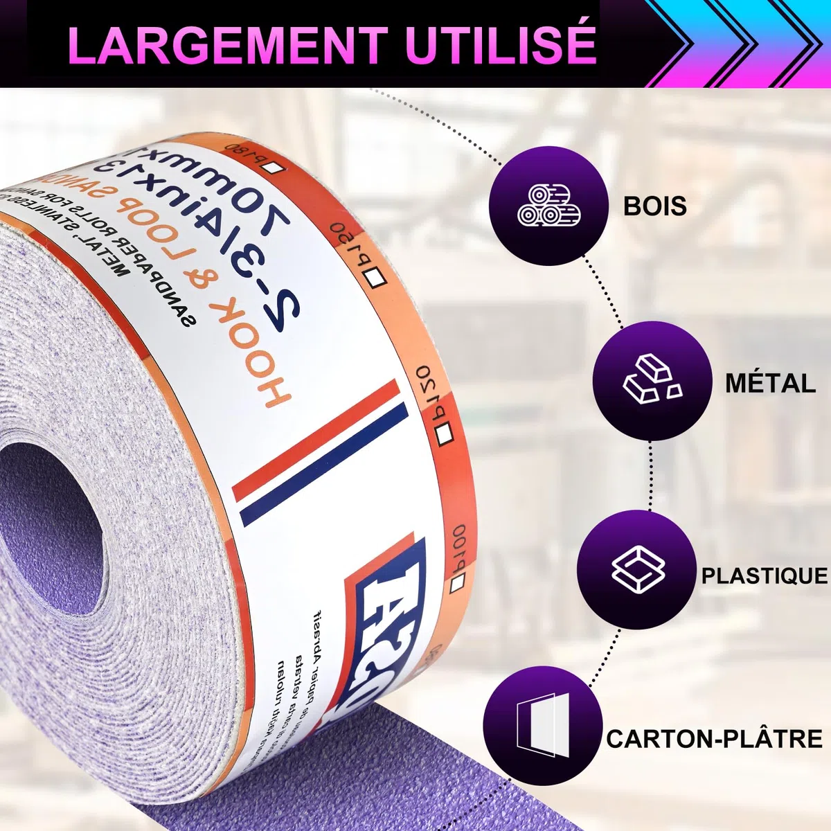 Rouleau de Papier de Verre Céramique Violet 70 mm x 12 m, Grain 80 | Rouleau De Papier Abrasif Auto-Agrippant pour Le Bois, Le MéTal, La Peinture, Le PlâTre pour Ponceuses Vibrantes et Manuelles