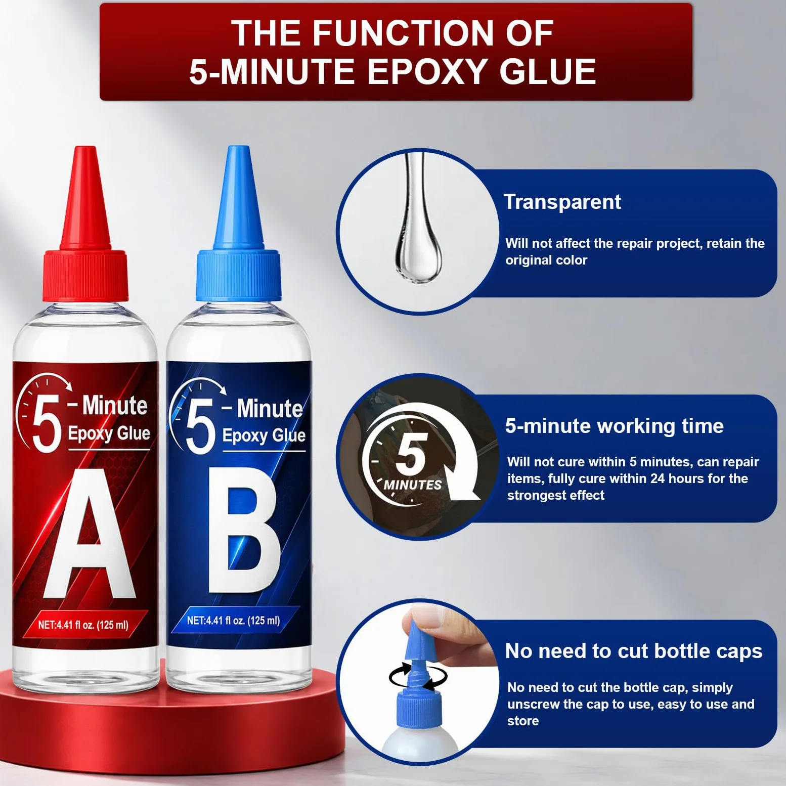 5 Minutes Colle Epoxy 250ml, Transparent Ténacité Haute Résistance Durable, Colle bi Composant Pour la Réparation de Carreaux, Métal, Céramique, Plastique, Bois
