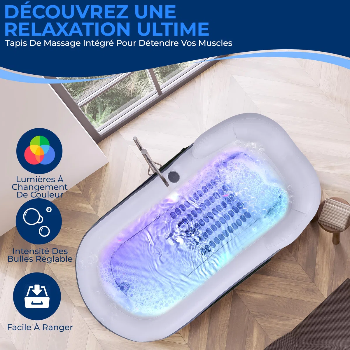 SereneLife Baignoire de Spa avec Tapis de Massage à Bulles, Baignoire Gonflable avec Coussin, Porte-Gobelet, Télécommande pour Éclairage LED, Dossier et Accoudoirs, Convient jusqu'à 86 kg