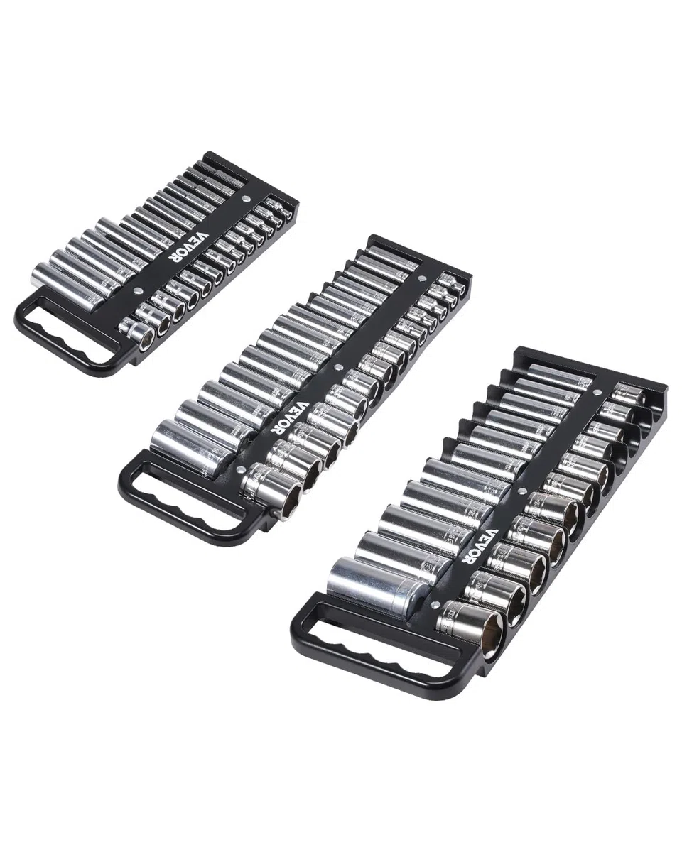 VEVOR Kit Organisateurs de Douilles Portables, Lot de 3, Plateaux de Douilles Métriques SAE 1/4'', 3/8'', 1/2'', Capacité de 76 Douilles, avec Poignée et Base Magnétique, pour Tiroir de Boîte à Outils