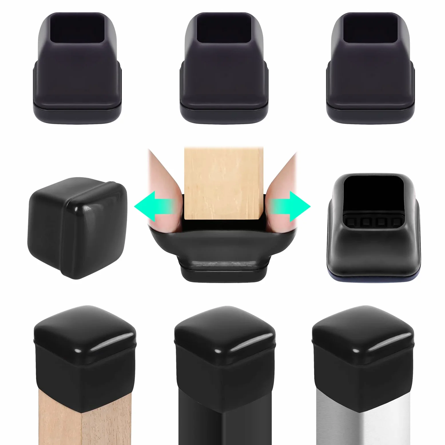 RCHYFEED 24 pcs Embouts pour Pieds de Chaise 19-25 mm avec Fond en Téflon, Protection Pied de Chaise Carré Silicone Couvre-Jambes de Meuble, Patins en Téflon 1" pour Résistants Rayures et Élastique