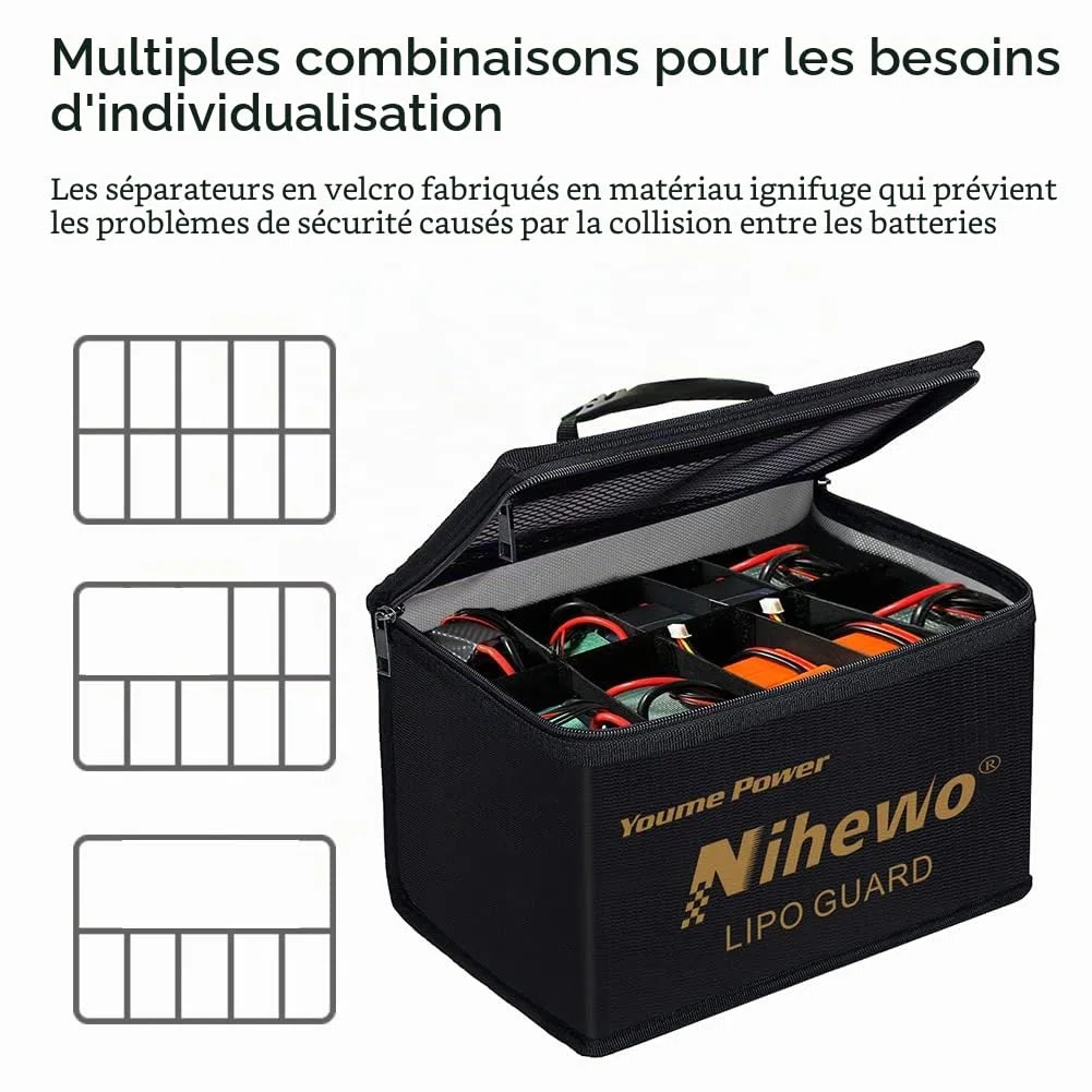 Sac de sécurité Lipo Organisateur de sac antidéflagrant ignifuge Coffre-fort Lipo Guard de grande capacité pour le stockage et le transport et la charge de la batterie Lipo avec poignée et poche filet