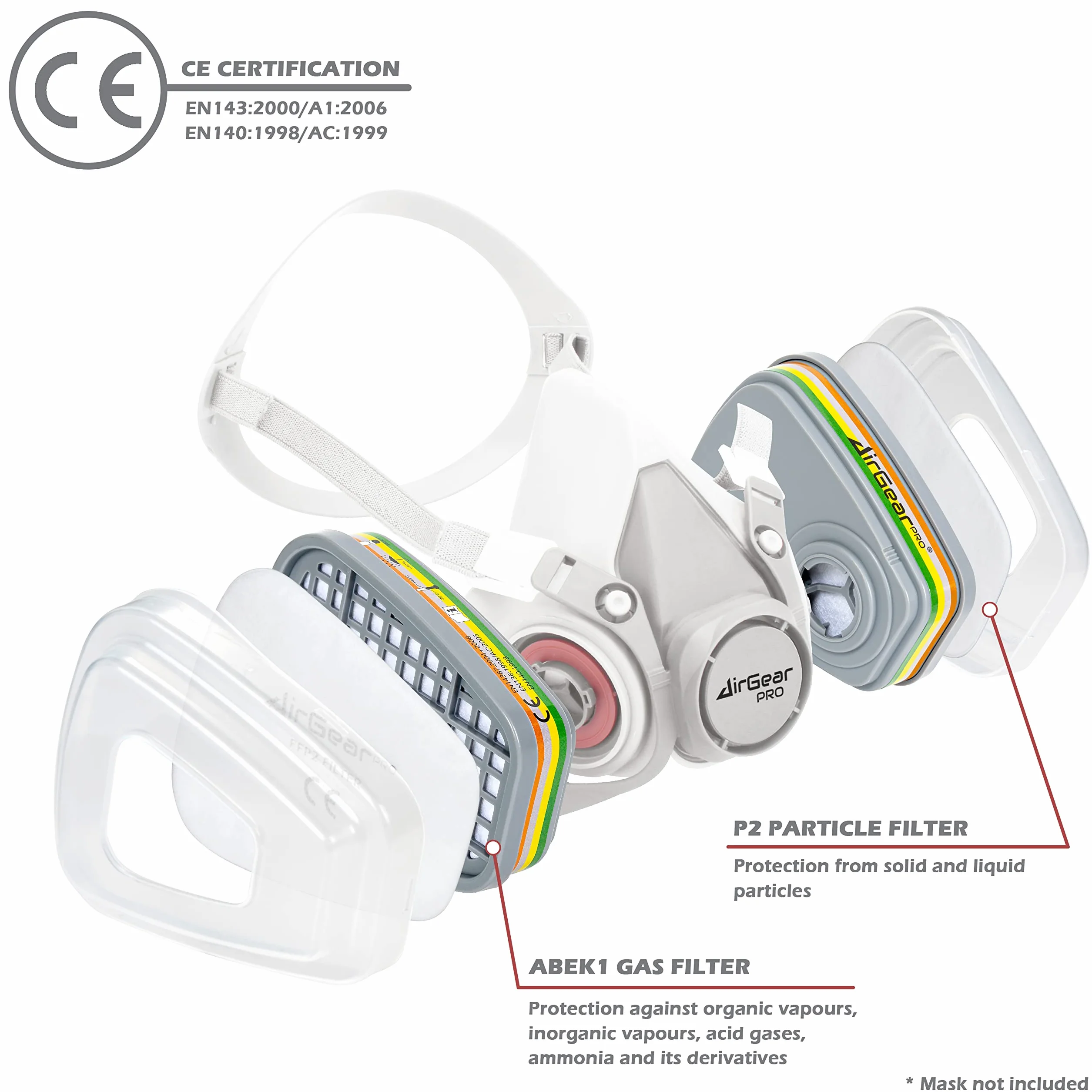 AirGearPro F-500 ABEK1-P2 Filtres pour Masque de Protection Respiratoire Réutilisable G-500/M-500/G-750, Anti poussière, Anti gaz pour travaux chimiques, industriels, peinture, bricolage, ponçage