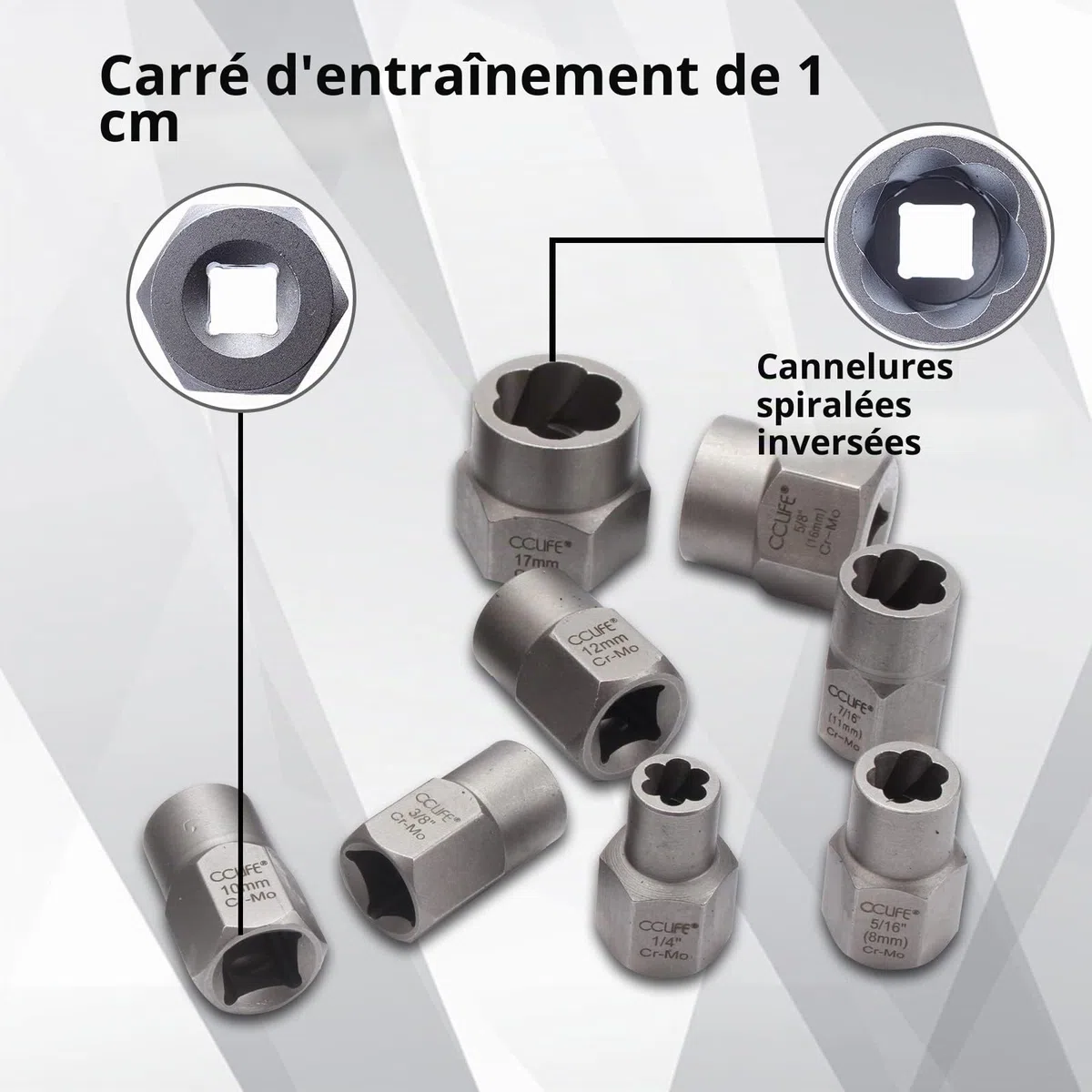 CCLIFE 15pcs Coffret douille extracteurs de boulons et d'écrousl, extracteur d'ecrou endommagés Cr-Mo Matériau 8-19mm,Entraînement carré 3/8'