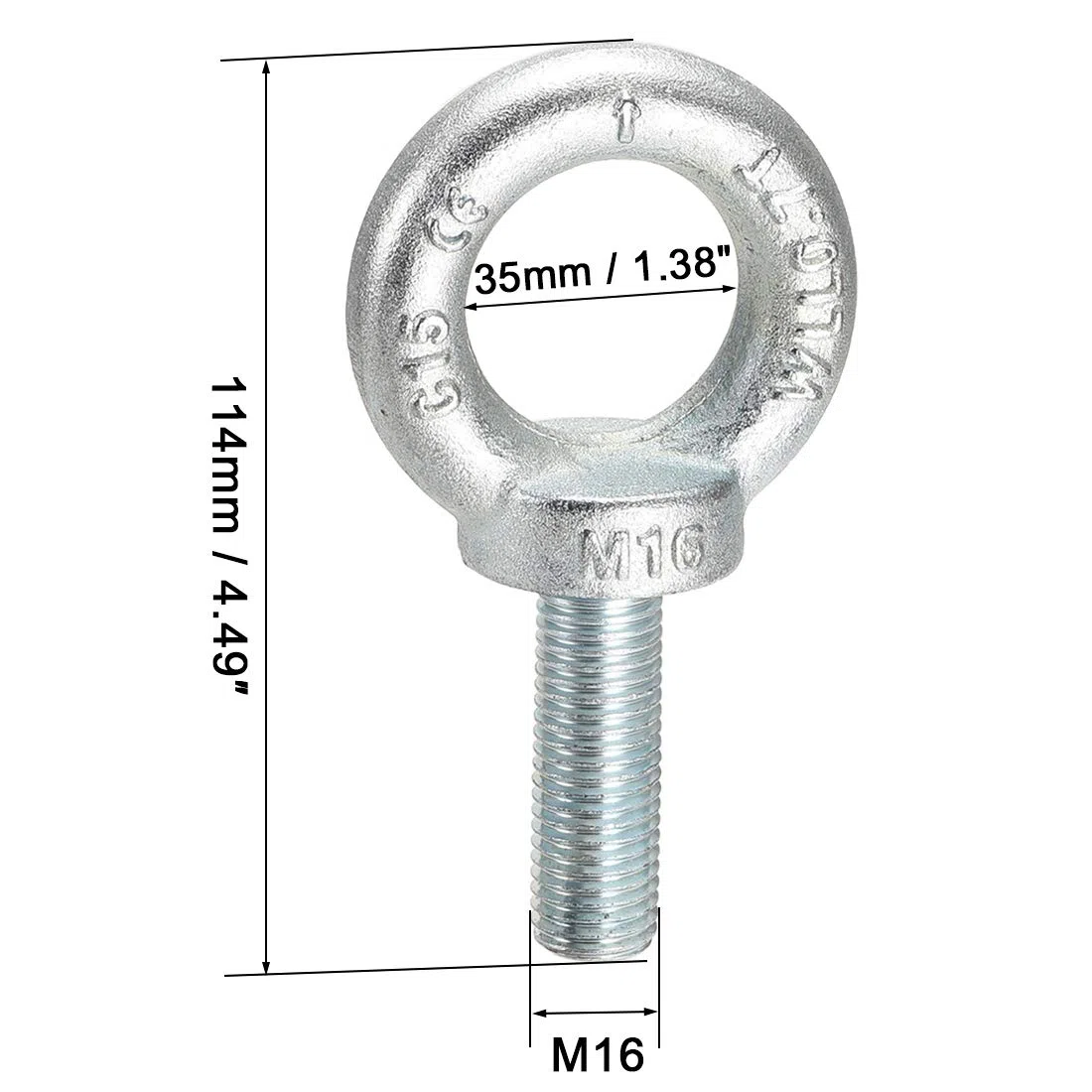 sourcing map Levage Anneau Boulon M16 x 50mm Mâle Fil C15 Carbone Acier pour Suspendu Paquet de 1