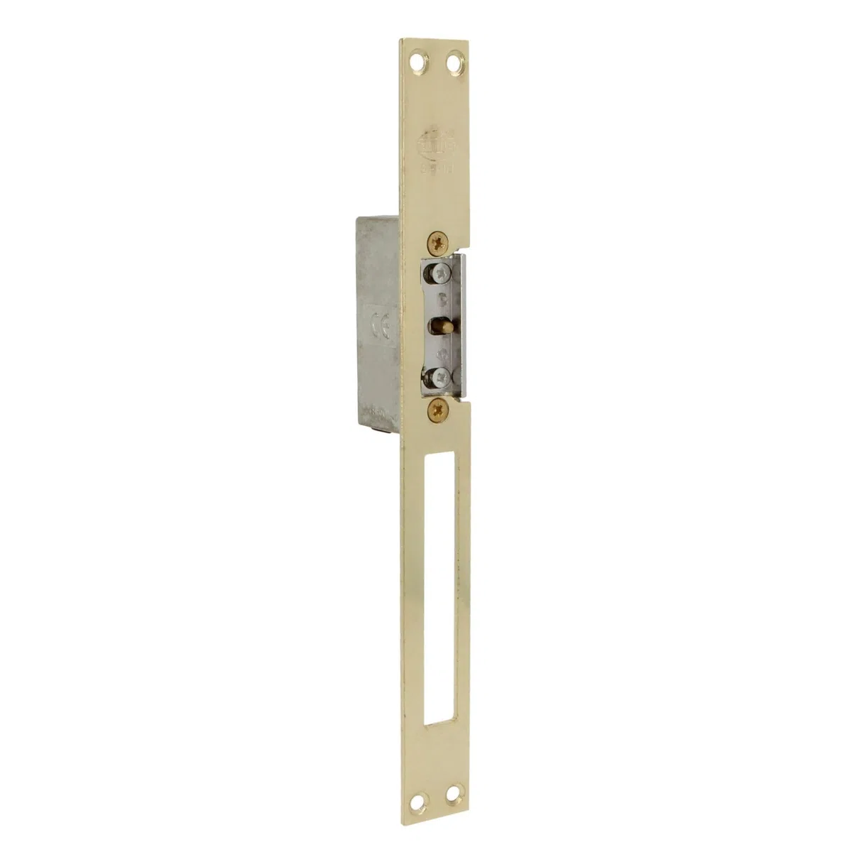 Amig - Gâche électrique encastrable pour contrôle d’accès - Compatible avec pêne demi-tour européen 13 mm - Têtière 250 x 25 mm - Acier laitonné verni - Doré - 8-12 V AC/DC - Mod. 20 avec inhibiteur