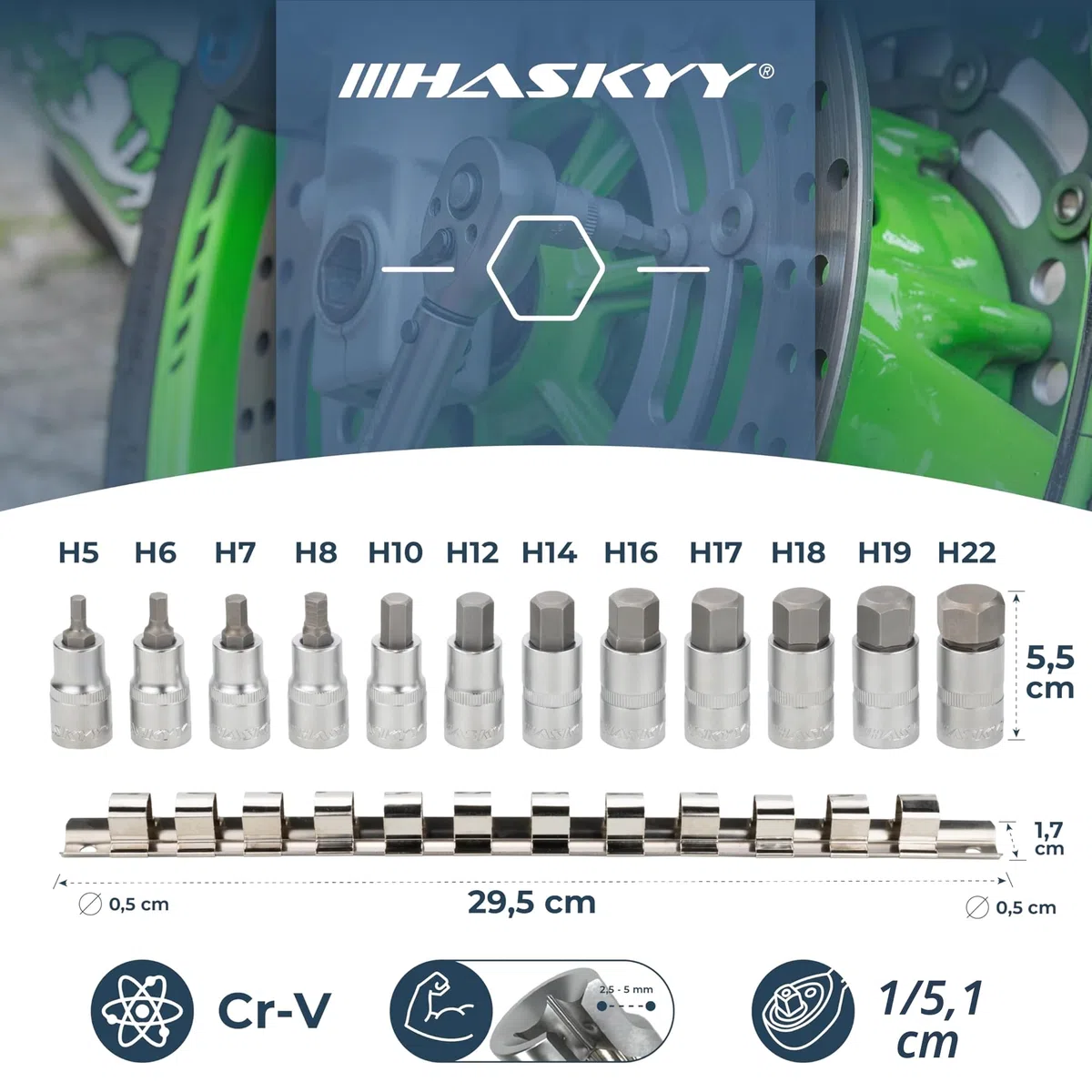 HASKYY Jeu de douilles à six pans creux 1/2" 12 pièces 5-22 mm Douilles hexagonales Jeu de clés sur rail pour vis Allen