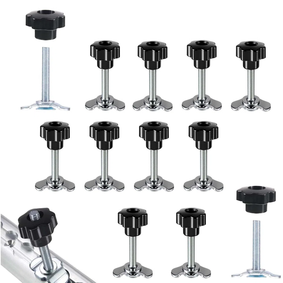 Fixations à vis M8x60 pour Rails d'arrimage, 12 pièces, Noir | fixations à vis avec poignée en étoile pour rails d'arrimage, accessoires pour camping-cars
