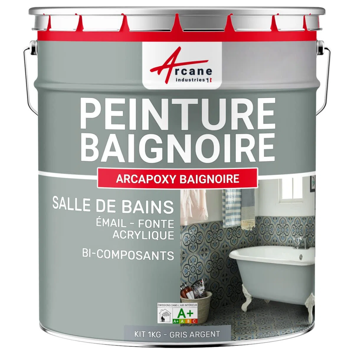 ARCANE INDUSTRIES Peinture Baignoire Lavabo Bac à douche : Résine Salle de Bain pour Baignoire émail, acrylique et fonte - 1 kg (jusqu'à 3 m² en 2 couches) Gris Argent - RAL 7001