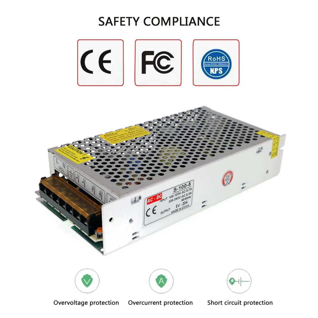 Alimentation 5V 20A 100W Transformateur AC 100-240V à DC 5V Convertisseur de Commutation pour Éclairage LED, Équipements Électroniques, Contrôle Industriel