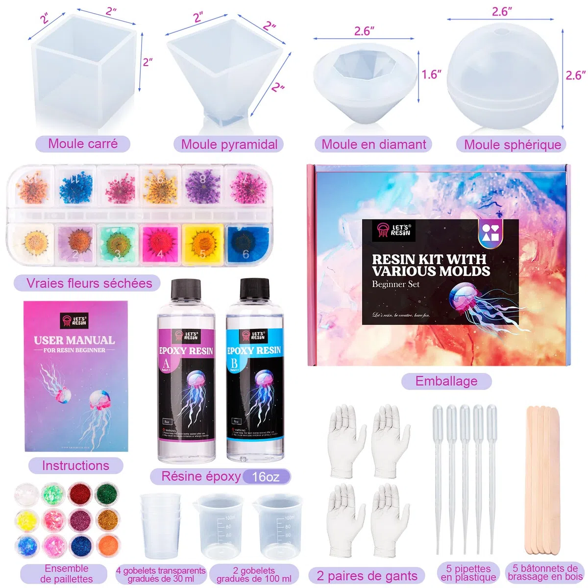 LET'S RESIN Epoxy Resin Kit Complet, 500ml Kit Resine Epoxy Complet Débutant avec Moule Resine Epoxy