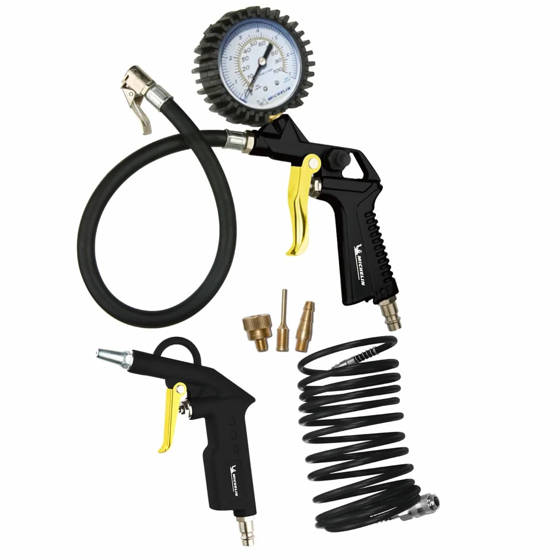 MICHELIN Kit Air Comprimé 3 Pièces (Inclus Pistolet de Gonflage avec Manomètre, Tuyau Spirale 5 m, Soufflette Bec Court - Pression Maximale : 8 bar