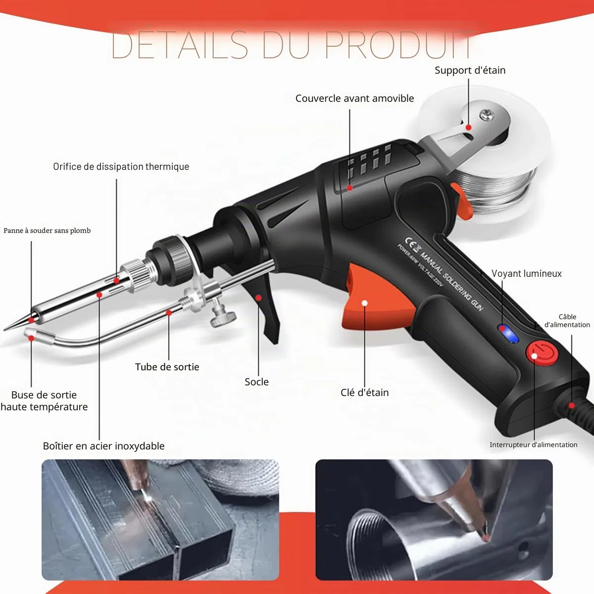 Pistolet à souder manuel 60 W, outils de soudage industriels chauffés à l'intérieur, ensemble de fer à souder multifonctionnel portable, fer à souder industriel à chauffage rapide, appareil 3 en 1