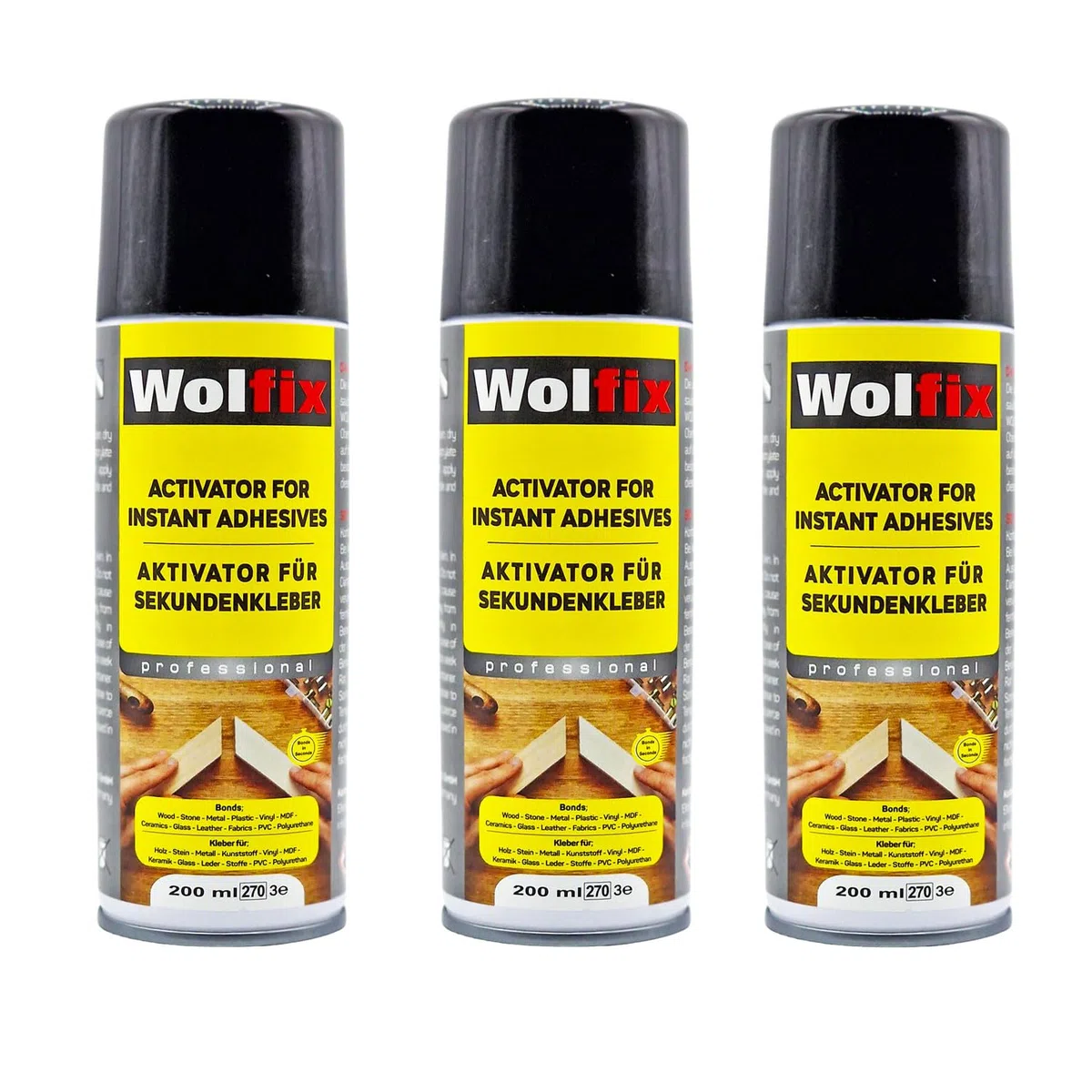Wolfix Activateur Spray 3 pièces 200ml pour Colle Cyanoacrylate Super Glue Extra Forte - Accélérateur de Colle Forte Tout Support - Convient pour le MDF, les métaux, le plastique, le verre, le cuir
