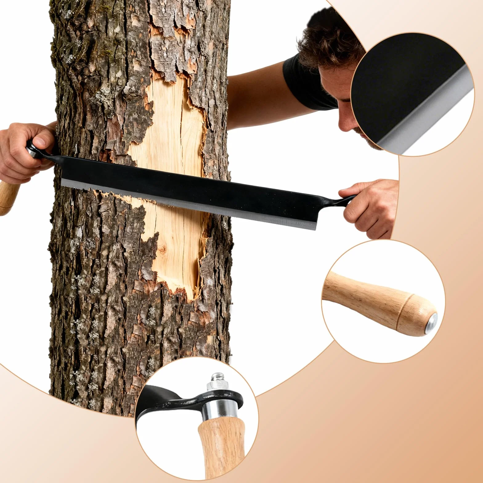 GBKDQQ Couteau de traction pour bois : couteau de traction multifonction de 20,32 cm avec poignées en bois, couteau à tirer, lame à éplucher pour le traitement du tronc d'arbre, couteau à éplucher