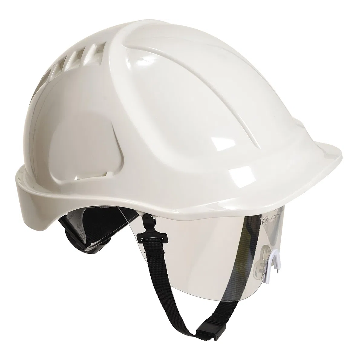 Portwest PW54 Endurance Plus Casque de Chantier à Visière Rétractable Casque de Sécurité Électricien Coque ABS Non Ventilée Harnais 6 Points Visière de Protection Isolation Électrique BTP, Blanc