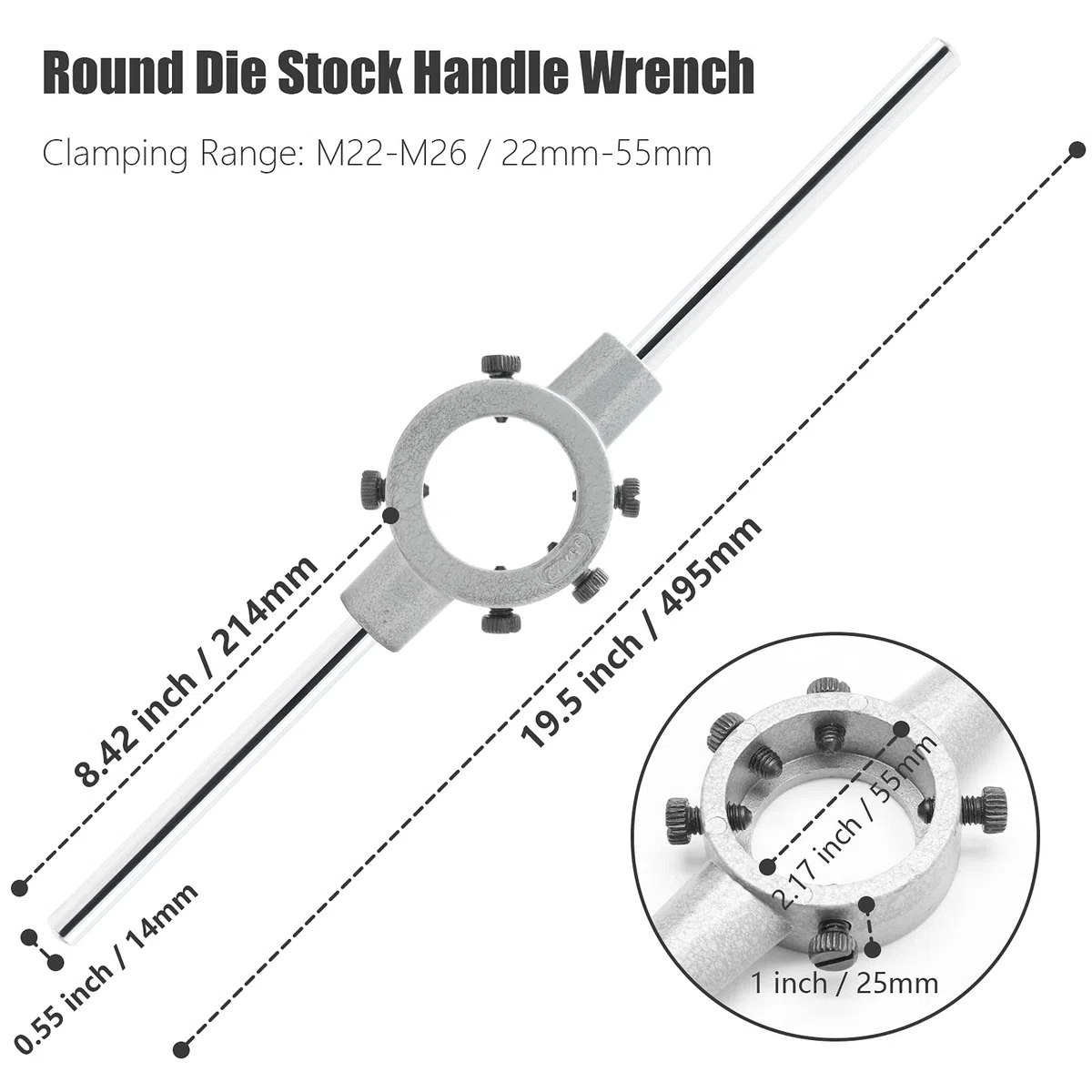 Clé à poignée ronde de 55 mm, support de poignée de clé à matrice réglable, poignée de support de matrice à filetage robuste (métrique, M22-M26)
