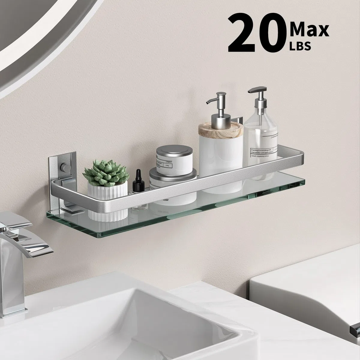 Danpoo Étagère Murale en Verre Tablette Salle de Bain,étagères murales en Verre trempé de 6 mm d'épaisseur pour Salle de Bain avec Support en Aluminium, Organiseur de shampooing, argenté