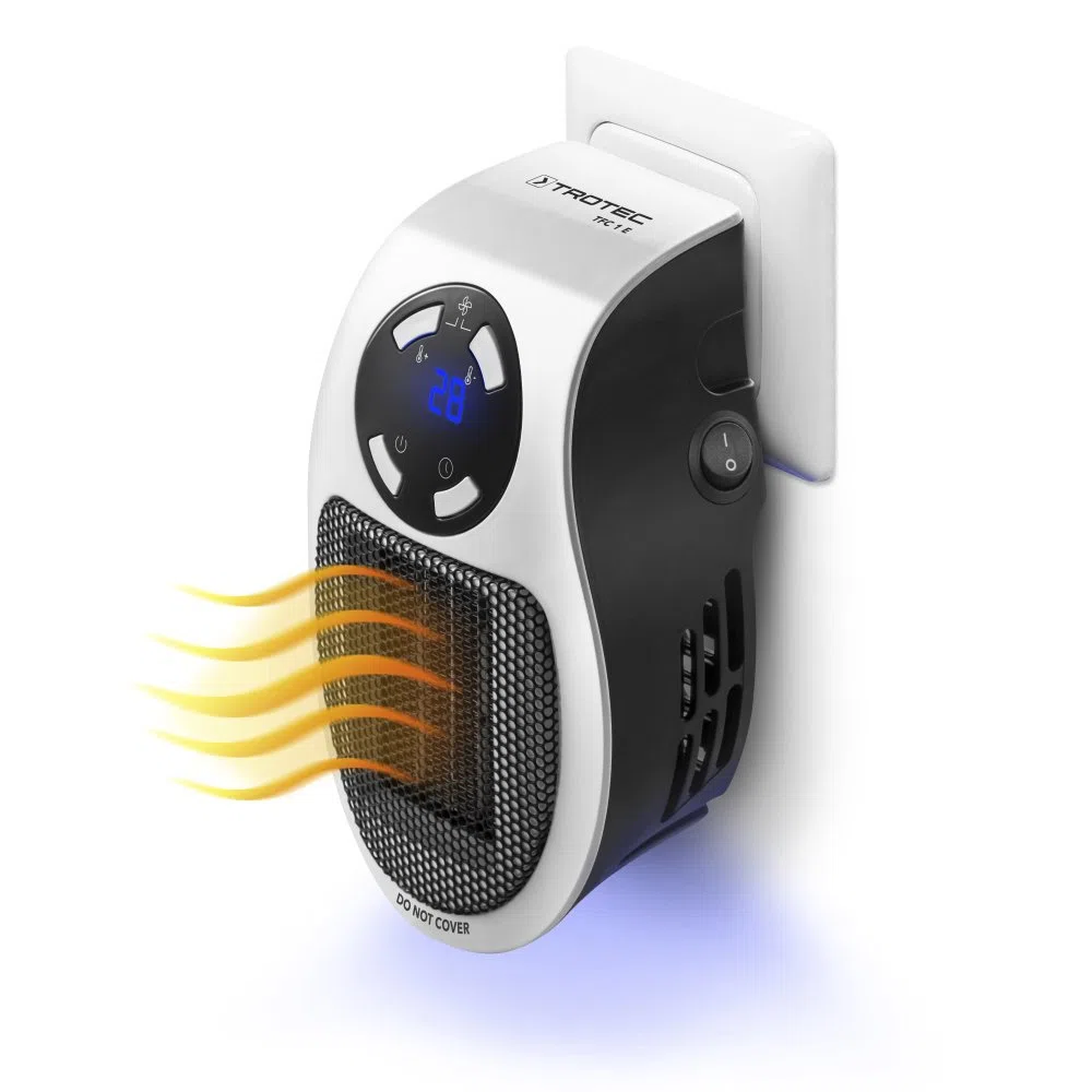 TROTEC Mini-chauffage pour prise murale TFC 1 E | Chauffage de 500 watts | 2 vitesses de ventilation | Fonction d'horloge (1−12 heures) | 10 m²/25 m³ max.