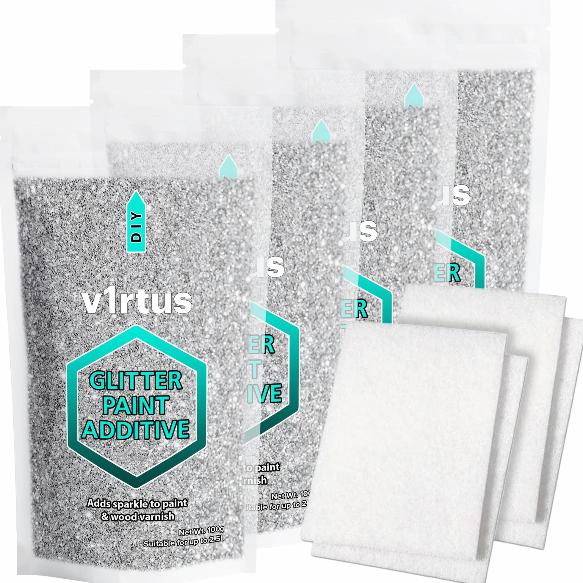 Argent Additif de Peinture Scintillante [400g] + 4 Tampons de Polissage de Finition pour Peindre les Murs Scintillants - Ajouter à la Peinture en Emulsion Intérieure ou Extérieure