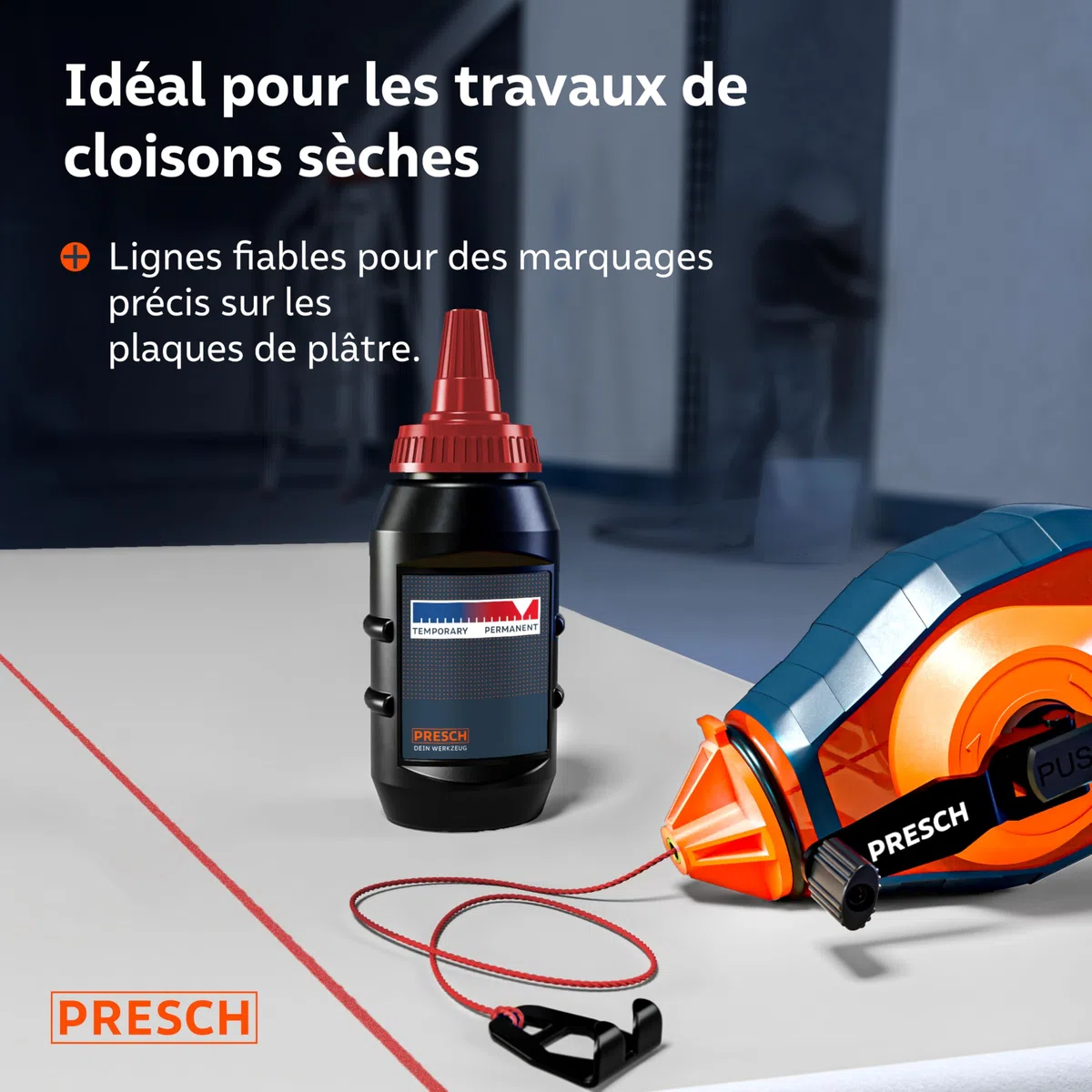 PRESCH Cordeau Traceur de 30m avec craie rouge (150 g) - Dévidage rapide grâce à l'engrenage 6:1 - Hydrofuge et durable - Ligne robuste pour des lignes précises