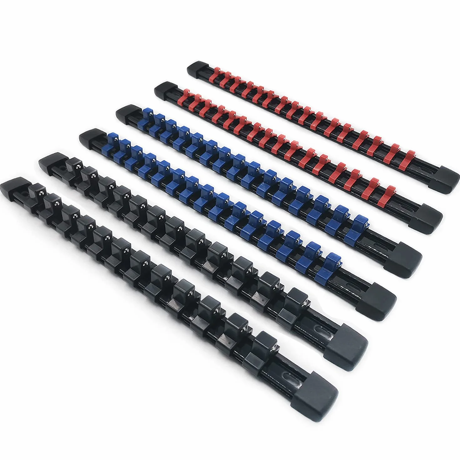ACEBON Lot de 6 Porte-Douilles 1/2" (12,7 mm), 3/8" (10 mm), 1/4" (6,3 mm), Rail de Rangement avec 86 Clips, Support pour Douilles Métriques et SAE, Organisateur pour Boîte à Outils, Garage et Atelier