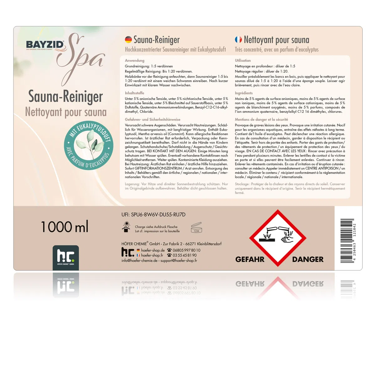 1 L Bayzid SPA Nettoyant pour Sauna concentré parfum eucalyptus, pour le nettoyage du bois du sauna