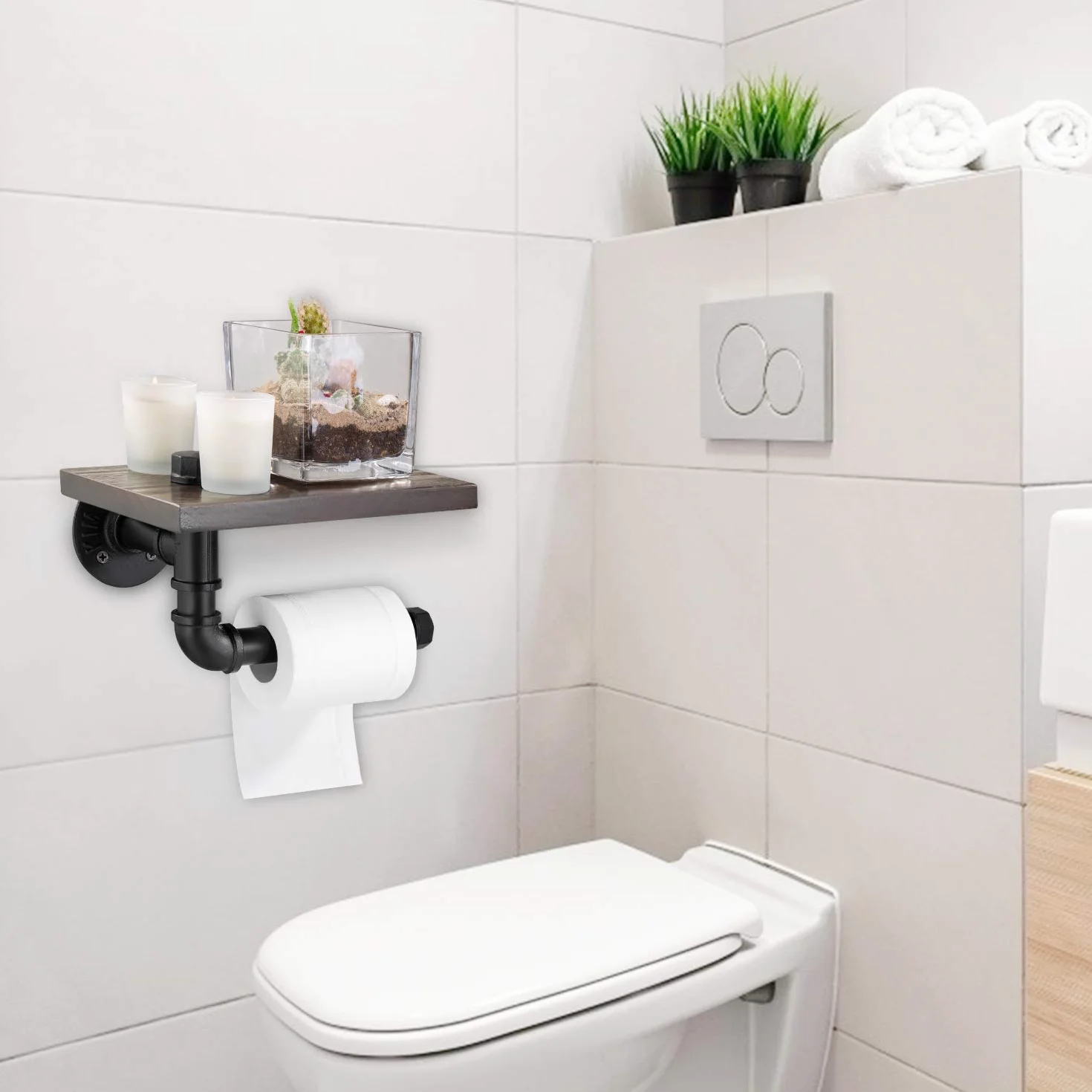 Elibbren Porte-papier toilette industriel pour salle de bain, avec étagère en bois rustique et tuyau en fonte