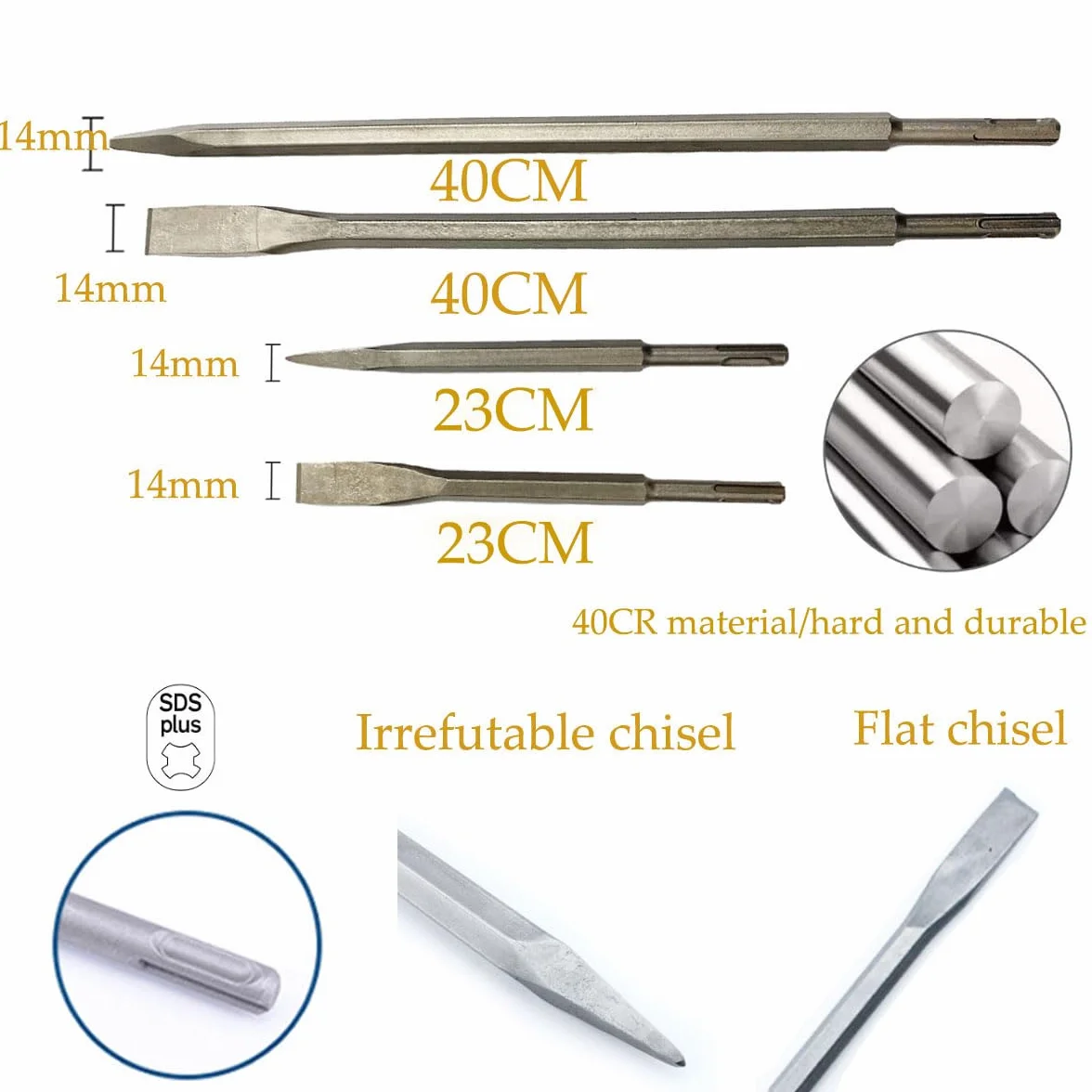 SDS-plus Lot de 4 burins plats et burins pointus 400 mm/230 mm de long, burin sds plus,burins professionnels pour perceuses électriques et pics pointus pour briser les murs et les bâtiments