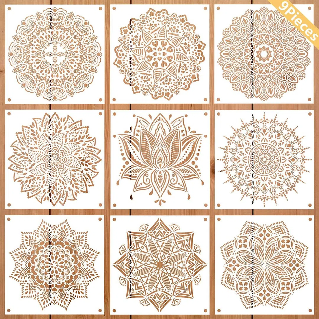 9 Pièces Grandes Mandala Pochoir Réutilisable Pochoirs de Peinture, Plastique Mandala Stencils Pochoir pour Planchers, Fenêtres, Meubles, Wall, Scrapbooking Décoration 30x30CM (Blanc)