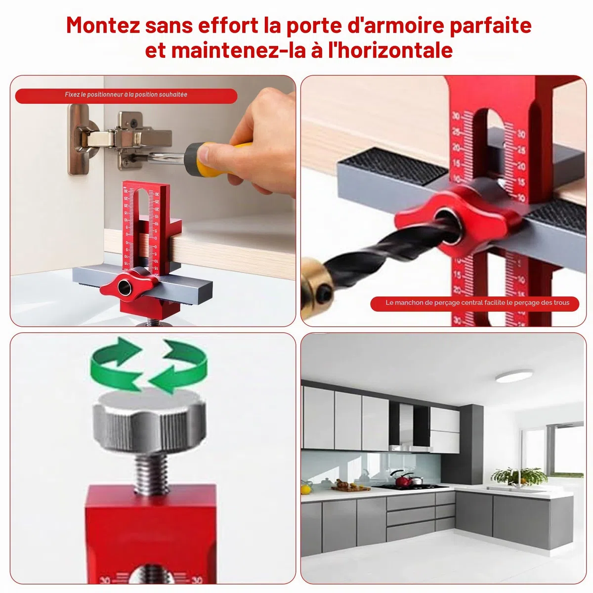 Outil de positionnement de porte d'armoire réglable : robuste et facile à utiliser Positionneur d'installation de porte d'armoire pour le travail du bois l'installation de portes d'armoires (rouge)