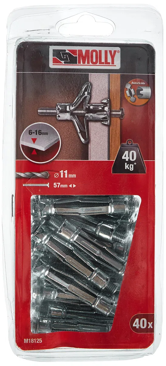 Molly M18125-XJ Chevilles métalliques à expansion avec vis M6 Ø 11 x 50 mm, Gris, Set de 40 Pièces
