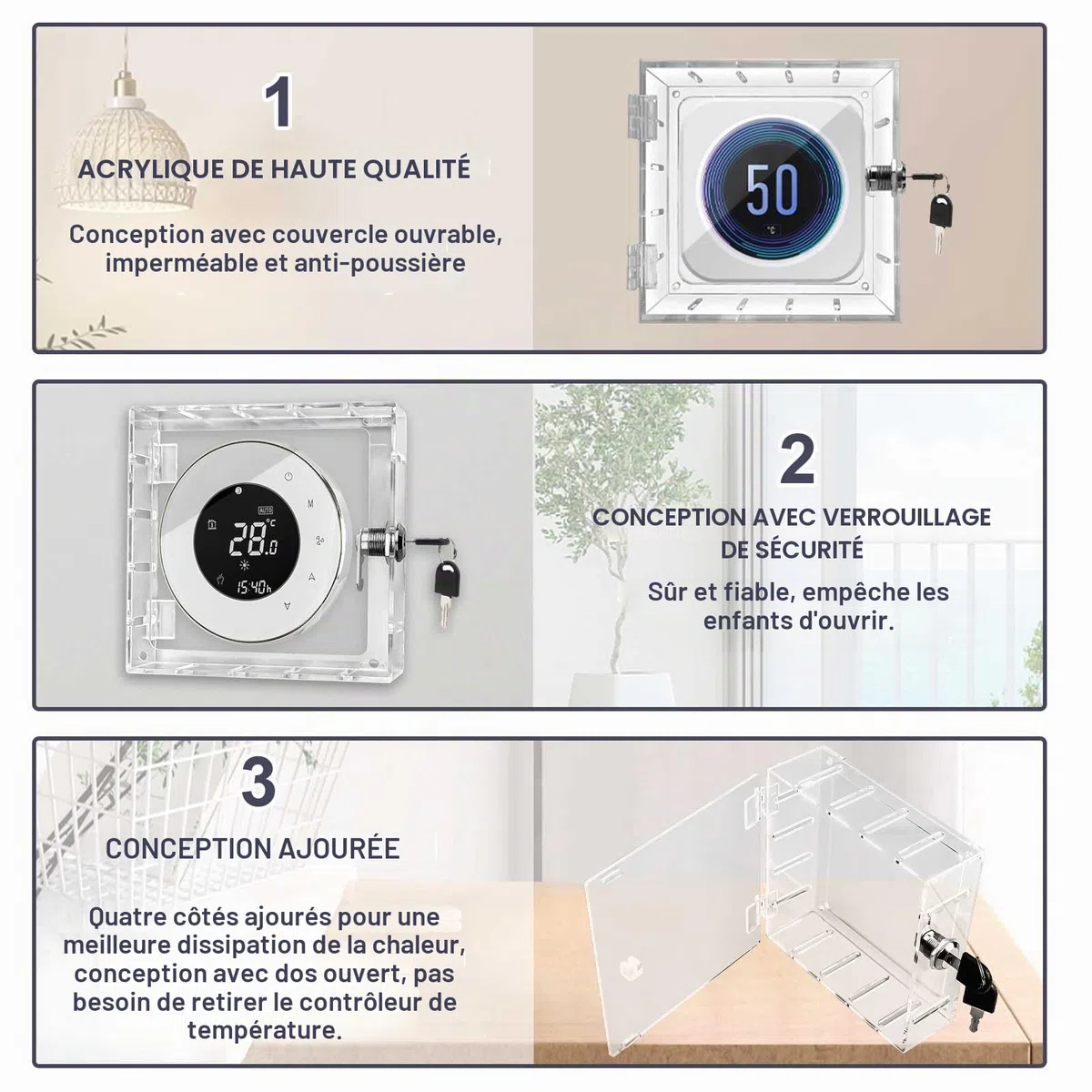 Boîtier de verrouillage pour thermostat avec 2 clés, en acrylique transparent, couvercle de protection inviolable avec vis et boulons, empêche l'accès non autorisé pour la maison, le bureau, l'école