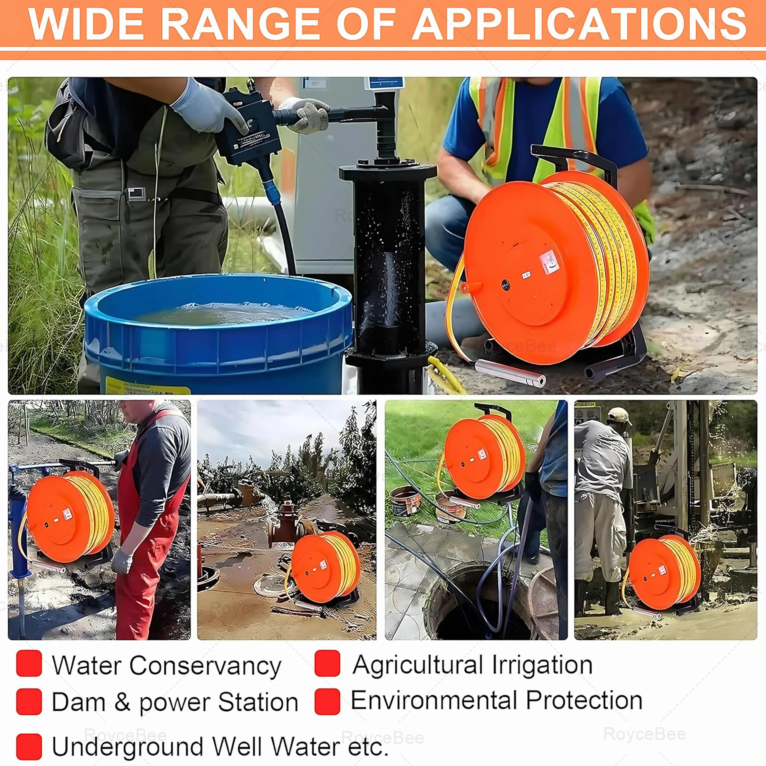 Coffret de Mesure de Niveau Piézométrique, avec Ruban en Acier et Indicateur Sonore/Lumineux, pour Relevés en Puits, Réservoirs d'eau et Études de Filtration de Barrages 50m/164ft