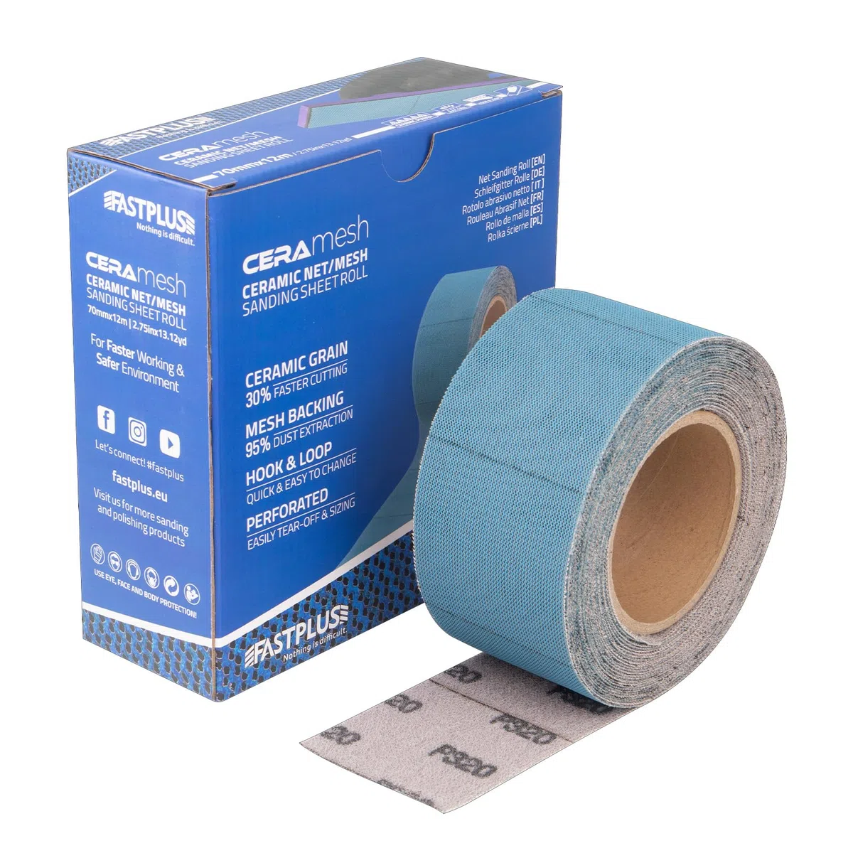 Rouleau de papier de verre FASTPLUS 70 mm x 12 m Rouleau de film Mesh Grip P240 Rouleau de papier de verre autocollant en céramique