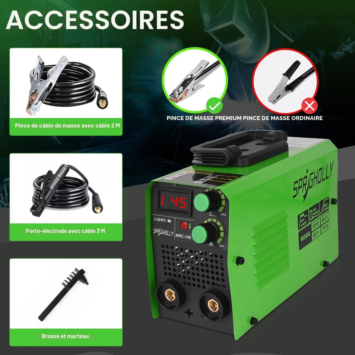 Mini Poste a Souder Inverter 145A IGBT, Poste à Souder ARC Lift TIG, Pince de Terre de Haute Qualité et Affichage LED, Hot-Start & Anti-Stick, Modèle ARC145
