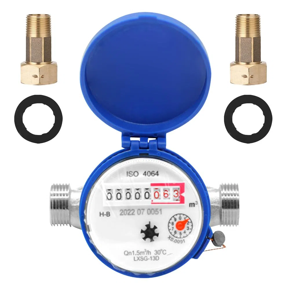 Compteur d'eau de jardin 1/2 pouce, compteur d'eau froide étalonné, compteur de robinet avec accessoires de montage et couvercle de protection, compteur d'eau froide domestique avec aiguille et