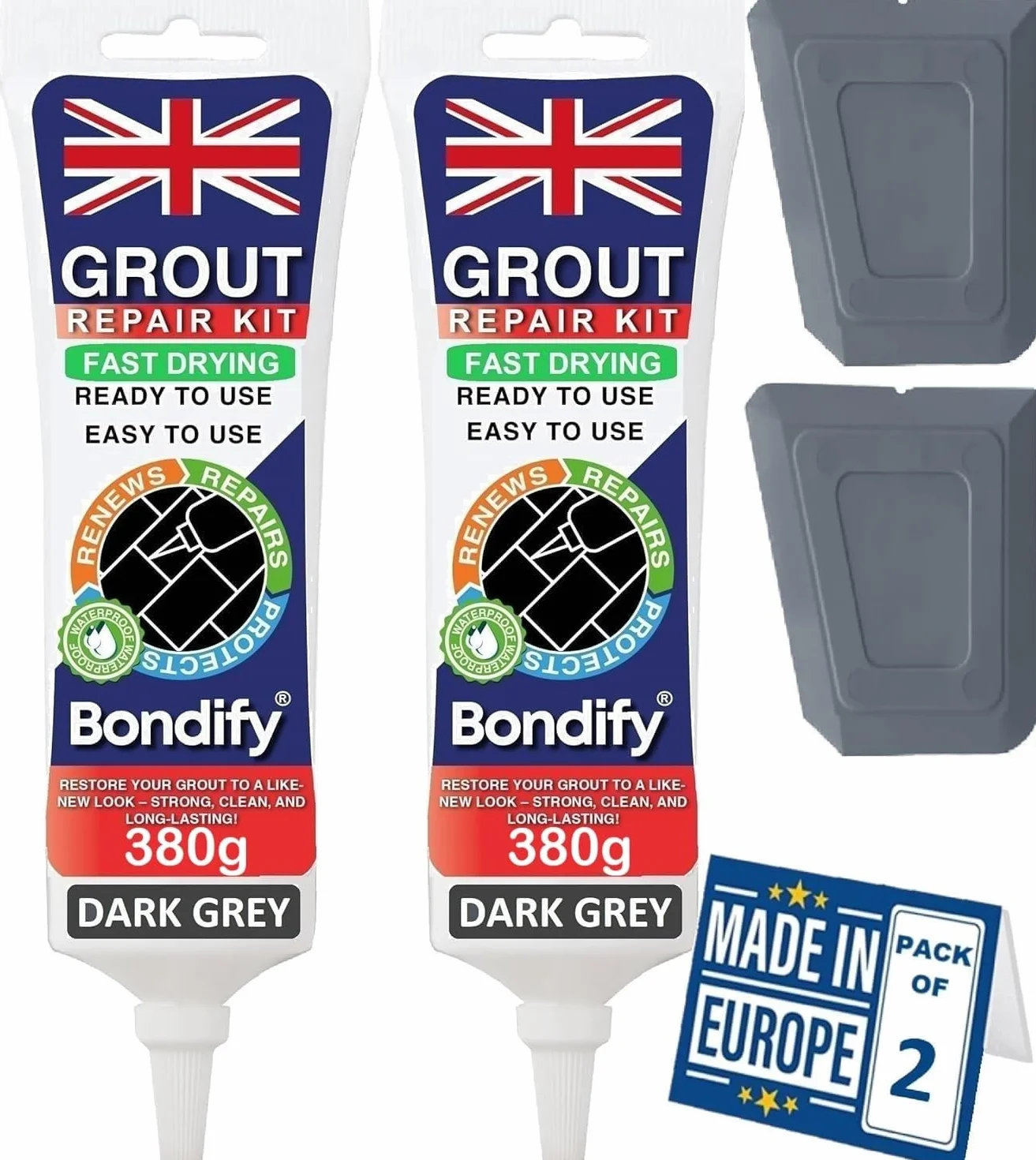 Séchage Rapide Joint Carrelage Gris Foncé Étanche, 380g x 2 Colle Joint Carrelage Salle de Bain pour Douche, Cuisine, Kit Reparation Colle Carrelege Gris Foncé Exterieur & Intérieur, Grout
