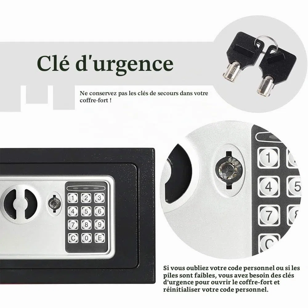 Coffre Fort de Sécurité Numérique Électronique, 4,6L Coffre-fort avec 2 clés d'urgence, Deux Boulon de Verrouillage, Coffre Fort Mural Pour Bureau, La maison, Hôtel, 23cm x 17cm x 17cm, Noir