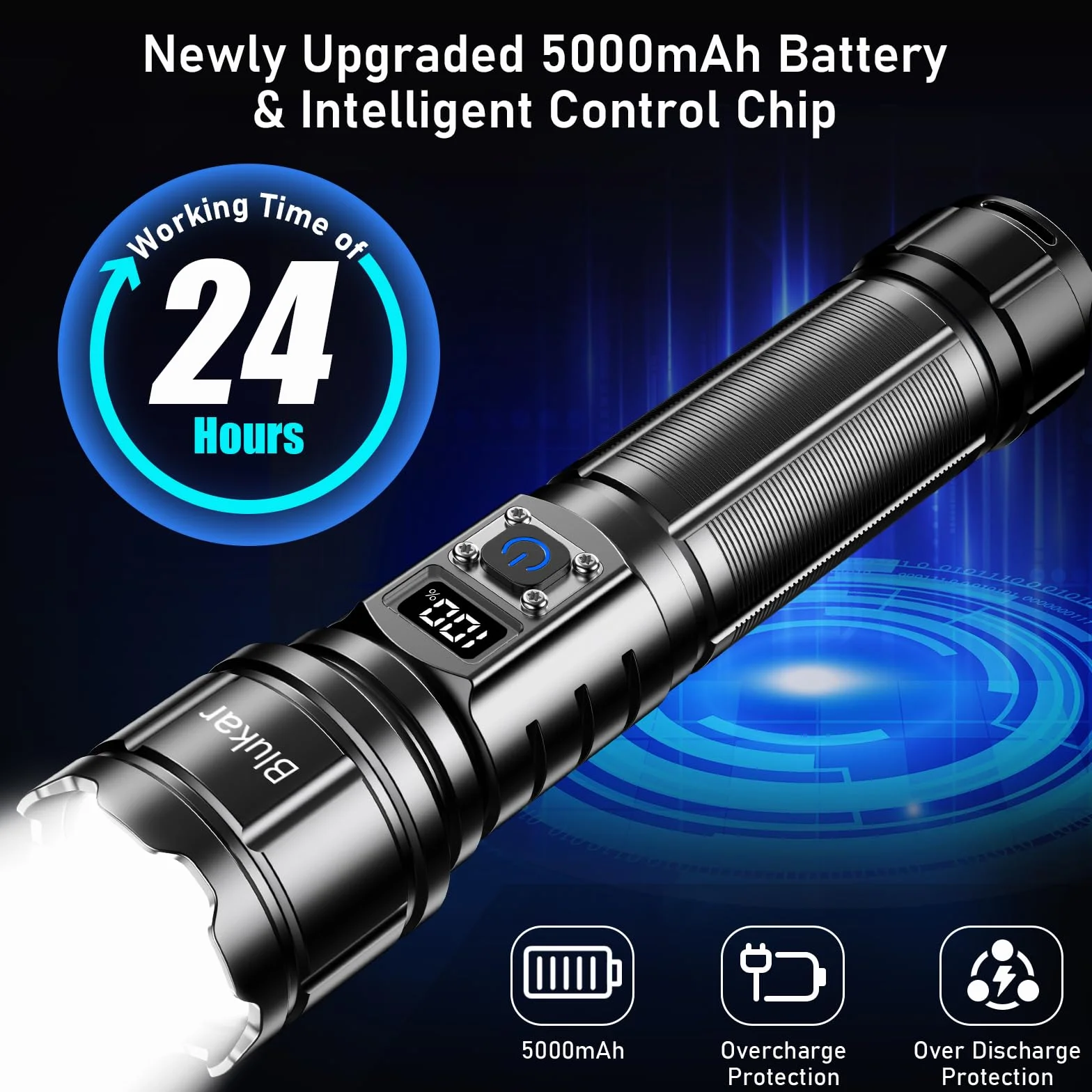 Blukar Lampe Torche LED Ultra Puissante Super Lumineux, Lampe de Poche Rechargeable 5000mAh, Zoomable 5 Modes, IP67 Étanche, Longue Durée LED Torche pour Camping Randonnée Pêche Urgence