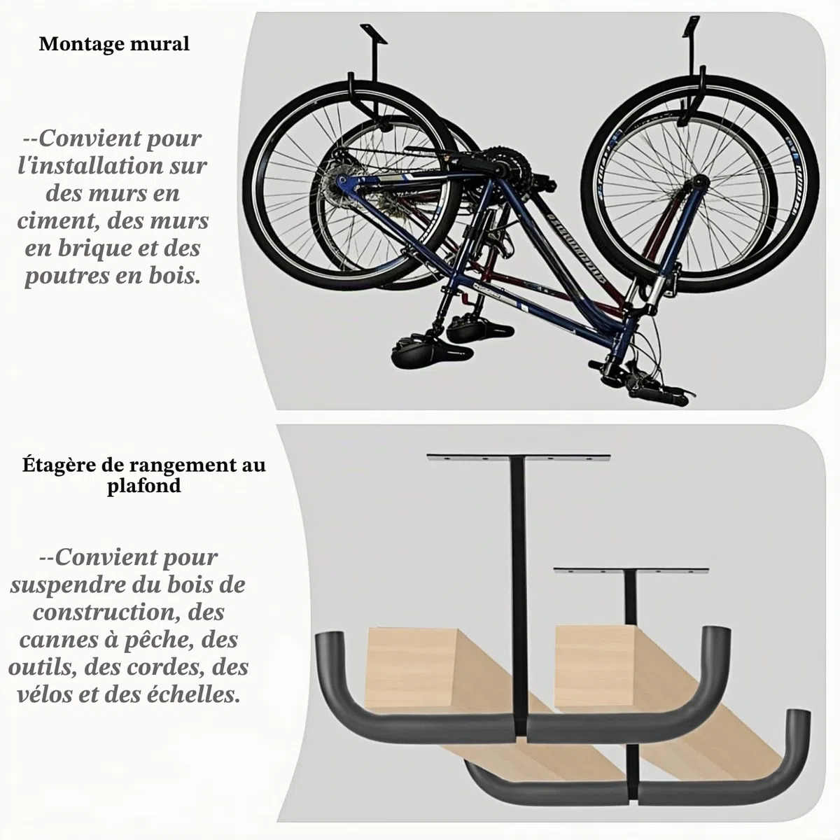 Crochets de rangement de garage aérien, double support de plafond robuste pour bois d'œuvre, échelles, vélos, pneus et autres articles volumineux (2, 42 cm)