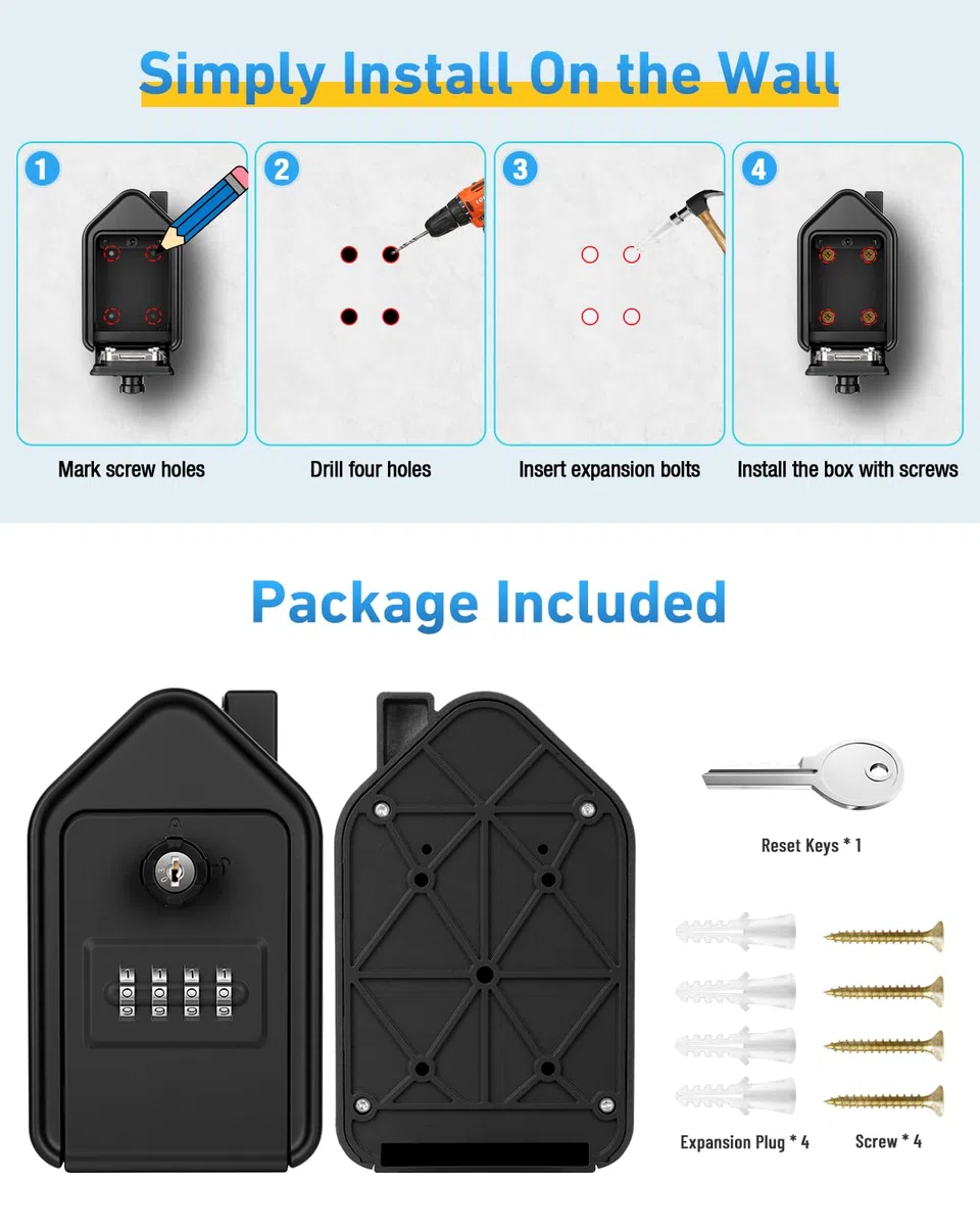 Boite a Clef, Grande Boite a Clefs Securisee Exterieur avec 4 Code & Clés d'urgence Boîte à Clés Murale en Alliage D'aluminium pour L'école de Garage à Domicile Airbnb (Noir)