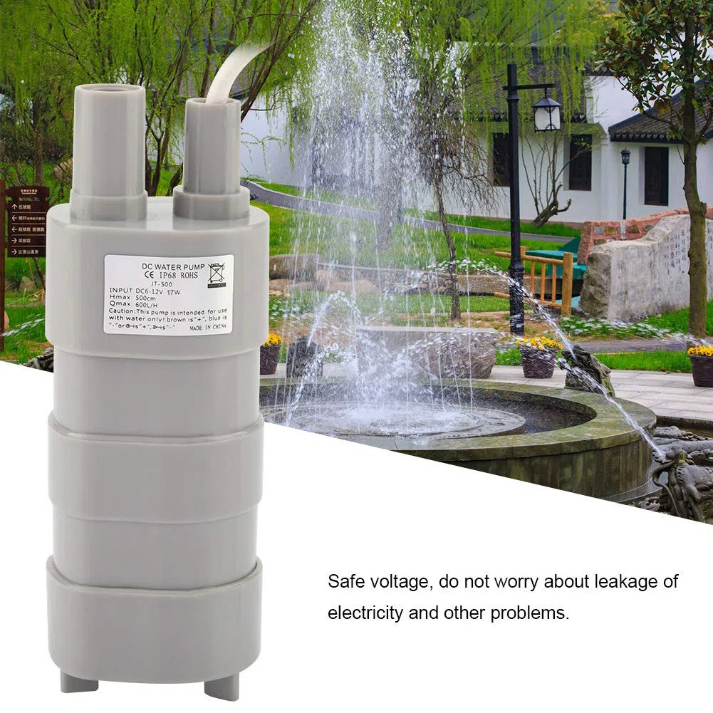 Pompe Submersible DC 12V, 600L/H, Petite Pompe à Eau Immergée pour Aquarium, Étang, Piscine, Jardin, 5m de Levage, 105.9x33.3x38.33mm